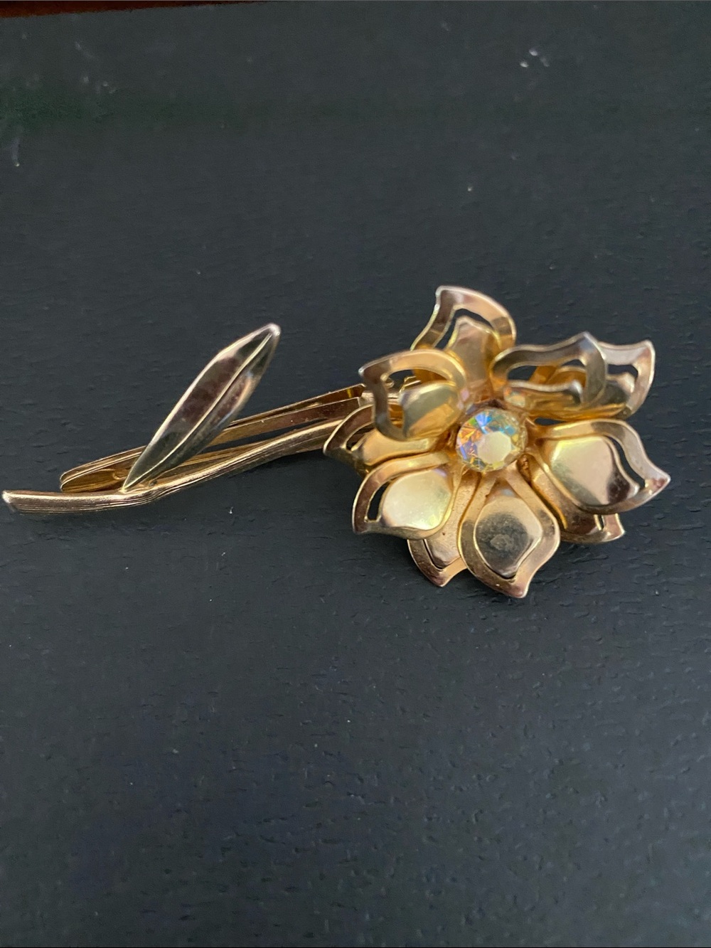 Vintage Gold-Tone Floral Hair Clip with Aurora Crystal Center